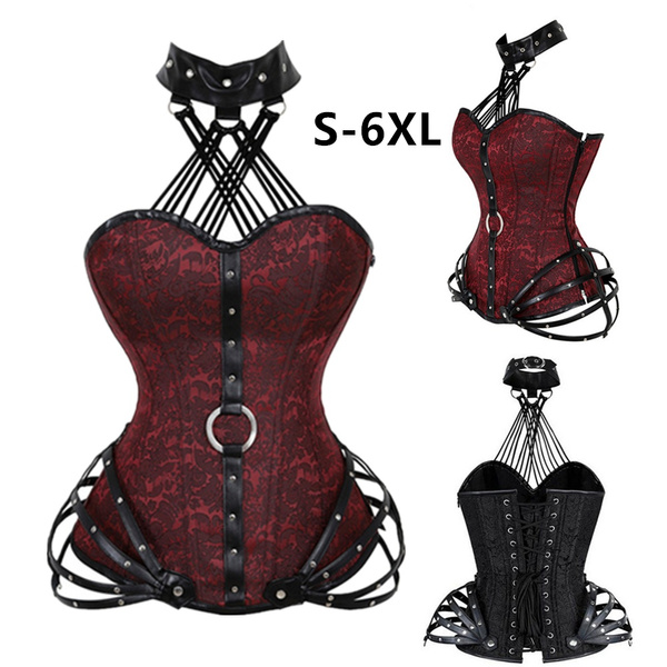 Red Black Gothic Corset Top Women Sexy Faux Leather Burlesque