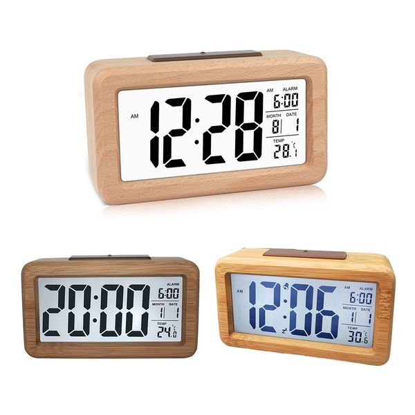 Easy Setting Wooden Digital Alarm Clock with Temperature, Date