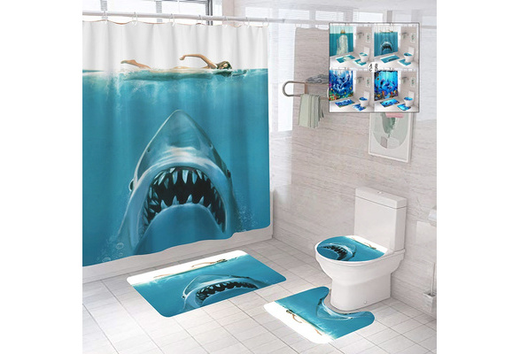 Details about   Great White Shark Shower Curtain Toilet Cover Rug Bath Mat Contour Rug Set 