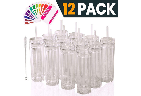 SKINNY TUMBLERS 12 Clear Acrylic Tumblers with Lids and Straws, Skinny,  16oz Double Wall Clear Plastic Tumblers With FREE Straw Cleaner & Name  Tags! Reusable Cup With Straw (Clear, 12) (12)