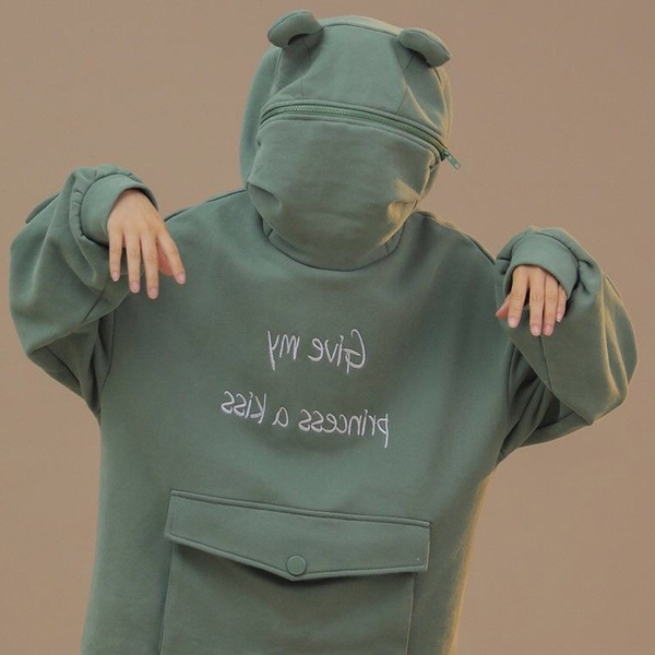 Mid Length Green Big Size Fleece Hoodies Women Stitching Cute Frog Pullover Pocket Hoodies Coat