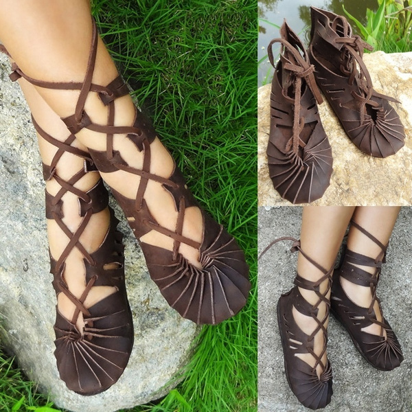 Medieval Women Fashion Lace Up Leather Viking Sandals Vintage Warrior ...