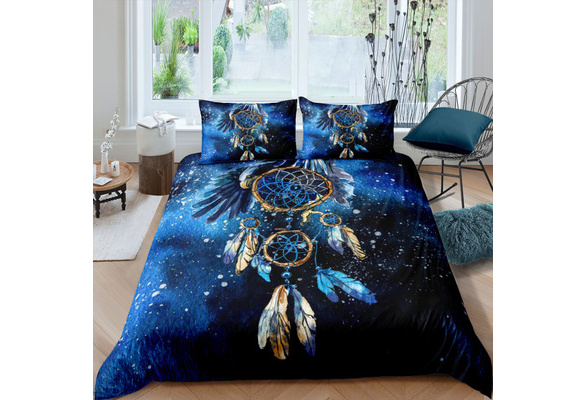 Girls Dreamcatcher Bedding Set Blue Galaxy Duvet Cover for Kids Daughter Boho Dream Catcher Comforter Cover Bohemian Feather Bedspread Cover Bedroom Decor Quilt Cover 2Pcs Twin Size