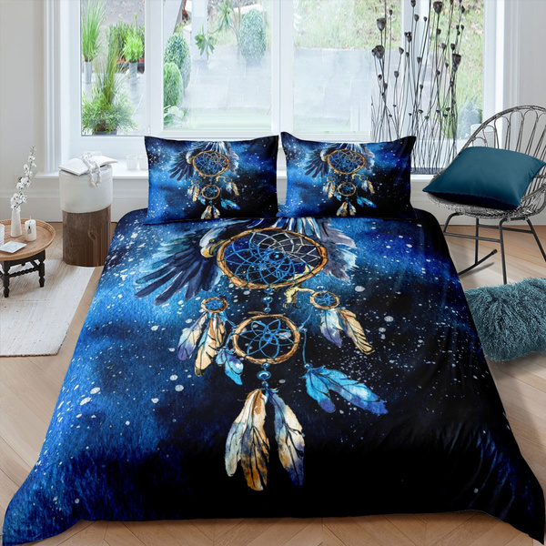Feelyou Boys Girls Bedding Sets White Dream Catcher Duvet Cover Breathable Soft Boho Bohemian Feathers Pattern Comforter Set for Kids Teens 3-Piece Full Size Bedding Decoration Gift Blue 