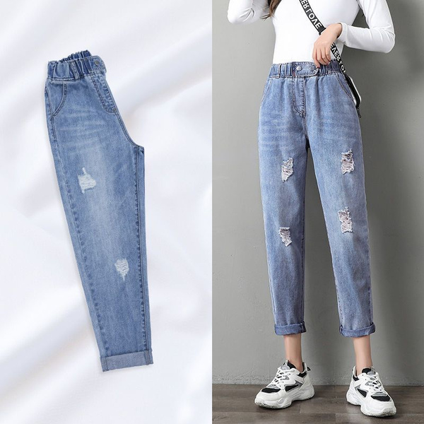 Women's Harlan Jeans Loose Straight Large Size Lightweight New Thinning  Elastic High Waist Ripped Nine Pants Pants Mom Jeans | Wish