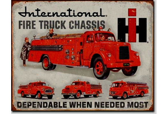 International Fire Truck Chassis Metal Ad Sign Station Firefighter Picture Gift 