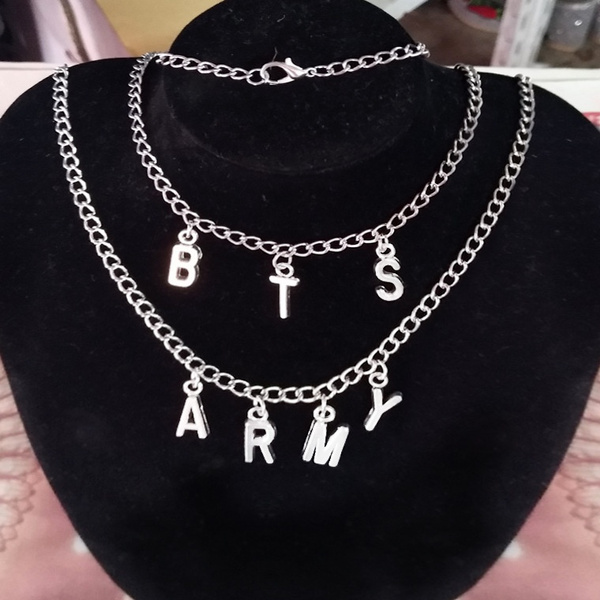 BTS Logo with Text and Rhinestone Pendant For BTS Army Merchandise Necklace / Locket Chain for Army Girls Silver