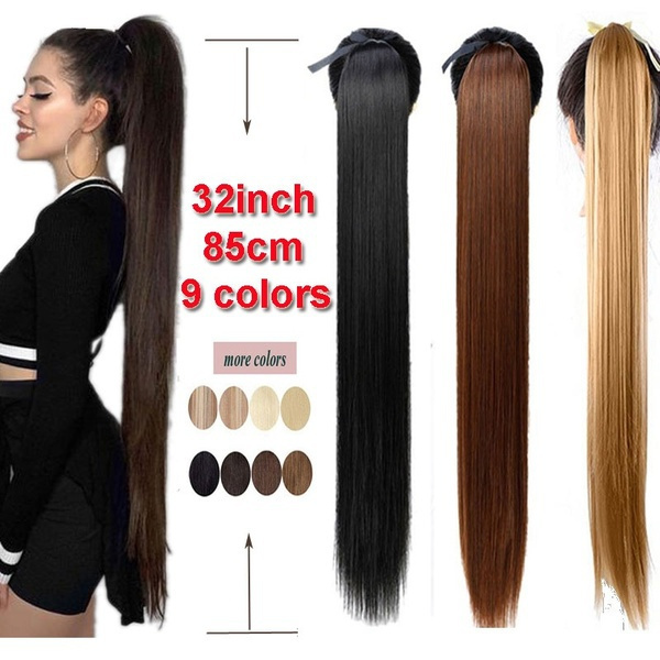 32inch Long Straight Drawstring Synthetic Ponytail Black/Brown Heat  Resistance Hairpiece Clip In Hair Extension for Woman(85cm) | Wish