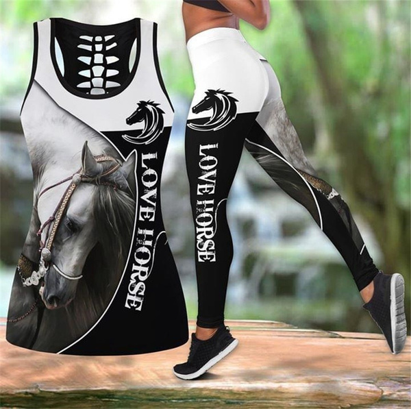 Horse Art Women Hipster Hollow Jogging Tanktop + Stretches Moisture Wicking Scrunch  Leggings 3D Print Female Euramerican Sexy Vest Suit Set Plus Size XS-4XL