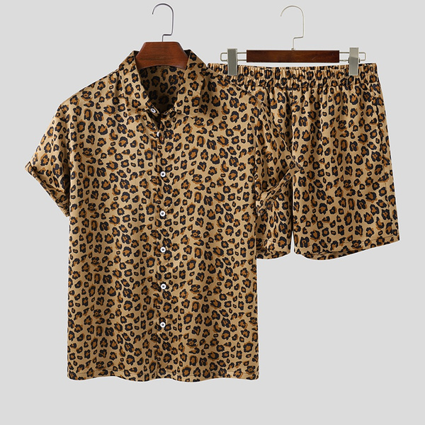Men Leopard Pajamas Set Short Sleeved 