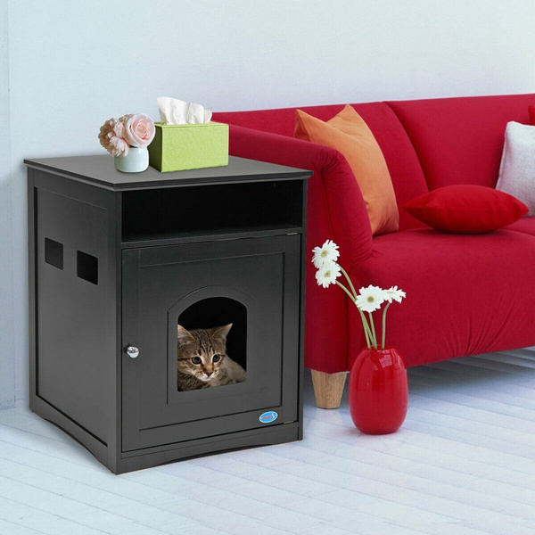 Indoor Cat House Litter Washroom Box Enclosure Furniture Wooden Black