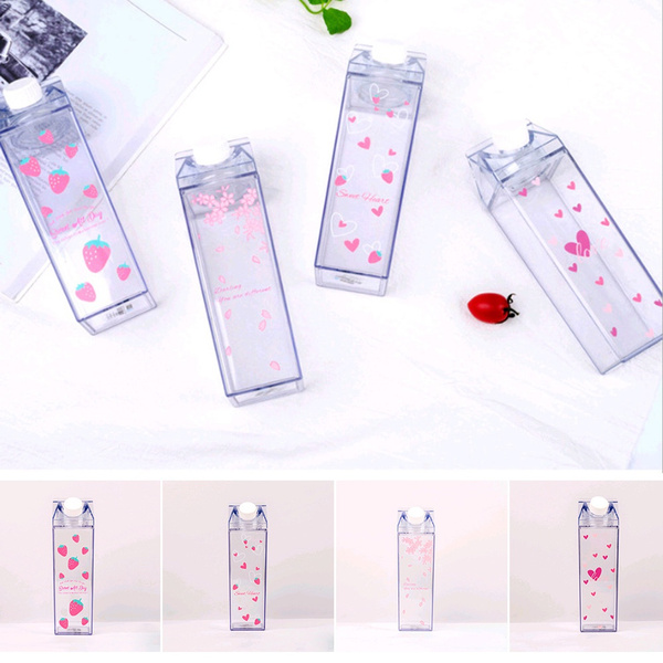 Clear Milk Carton Water Bottle Strawberry Kawaii