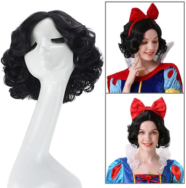 Cexin Women s Princess Snow White Black Short Curly Cosplay Wig with Cap Halloween Costume Wigs Anime Party Accessory