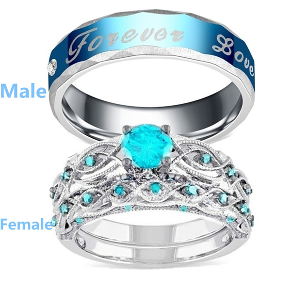3Pcs Couple Rings Angel Tears Aquamarine 18K White Gold Women's Ring ...