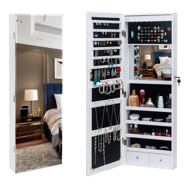 Wooden Wall Mounted Jewelry Cabinet, Full Length Mirror With Jewelry Storage And Lights
