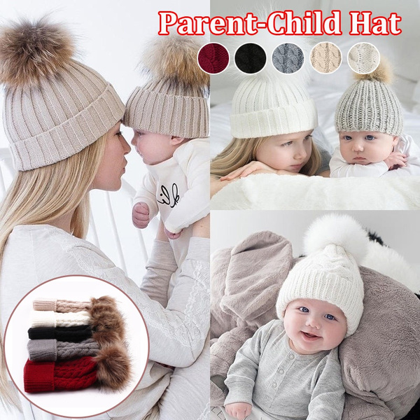 Fox Fur Pompom Beanie Mother Baby Winter Hats For Women Warm Knitted  Beanies Cap Real Fur Pompon Hat Bonnet - AliExpress