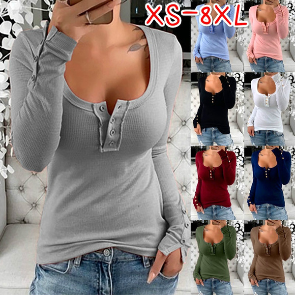 XS-8XL Autumn and Winter Tops Plus Size Fashion Clothes Women's Long Sleeve  Tee Shirts Ladies Casual Solid Color Cotton Pullovers Slim Fit Button Up  V-neck Bodycon T-shirt