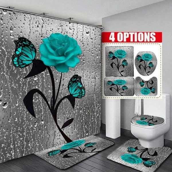 3D Rose Waterproof Shower Curtain Set Toilet Cover Mat Nonslip