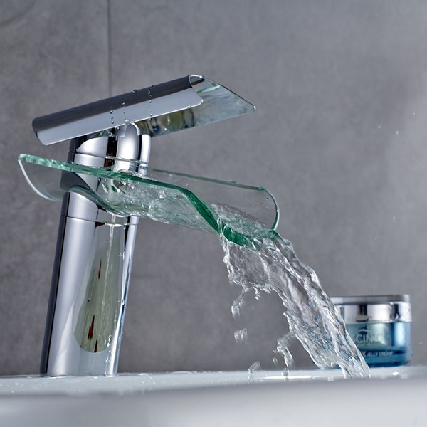 Glass Waterfall Faucet, Bathroom Sink Mixer Hot & Cold Water Chrome Tap ...
