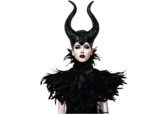 Gothic Black Crow Costume Feather Cape Shawl with Maleficent Horns