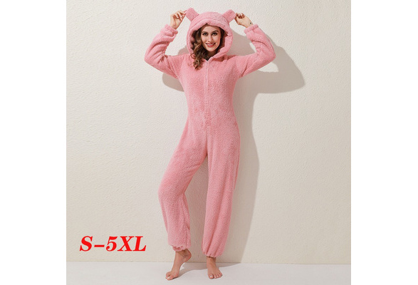 Lisingtool pajamas for women set Women's Artificial Wool Long Sleeve Pajamas  Casual Zipper Loose Hooded Jumpsuit Pajamas Casual Winter Warm Rompe Cute 1  Piece Suit On Sleepwear Pink 