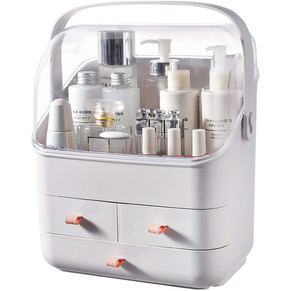 Makeup Organizer, Waterproof & Dustproof Cosmetic Organizer Box Fully Open  Makeup Display Boxes,Makeup Caddy Holder for Bathroom, Dresser, Countertop  White