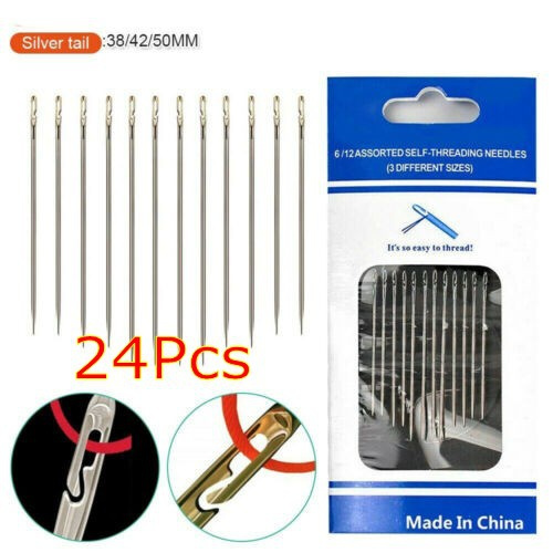 24 Pcs Hand Sewing Needles Self-threading Needles Assorted Sizes Side  Opening Thread Sewing Needles