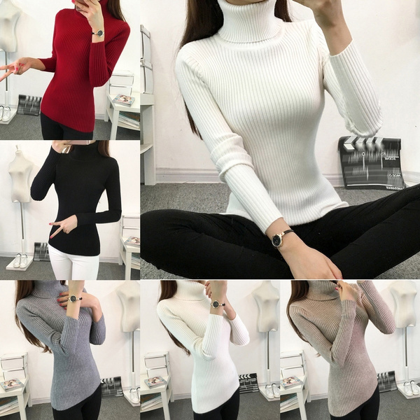 Solid Color Thick Turtleneck Warm Women Sweater Autumn Winter Knitted ...