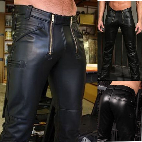 Custom Men's BLACK Skin Tight Wet Look Zip Up Stretch Faux Latex Leather  Pants