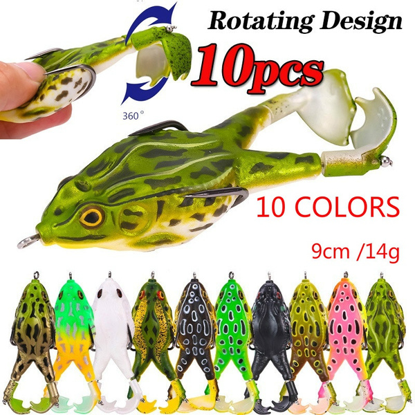 10pcs Frog Soft Fishing Lure 9cm /14g Top Water 3D Simulation Floating Baits  Propeller Foot Flippers Frog Rotation Tractor Frog Lures