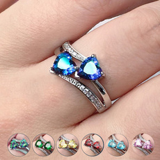 Fashion Elegance Silver Color Double Heart-Shaped Zircon Birthstone Bridal Princess Wedding Engagement Party Ring Size 5-11