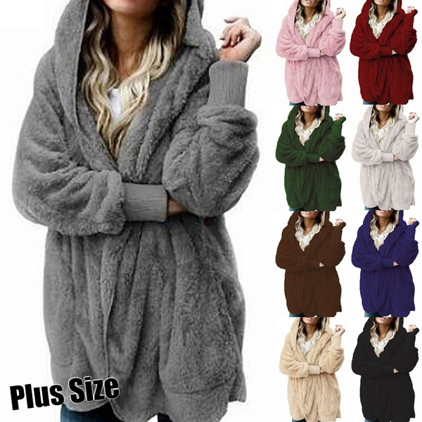 Saitingdianzi Winter Womens Fashion Pocket Hem Long Sleeve Plush Cardigan Hoodie Coat