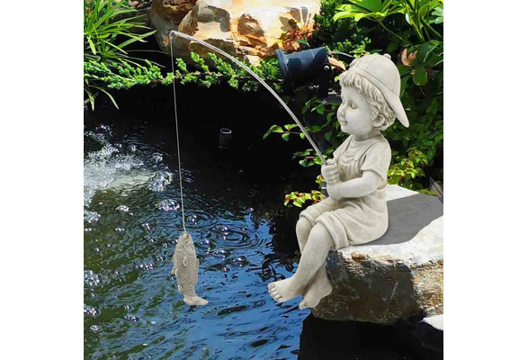 Lovely fisherman statue sculpture, little fisherman garden statue, outdoor  courtyard lawn swimming pool pond fishing decorations, 11 inches