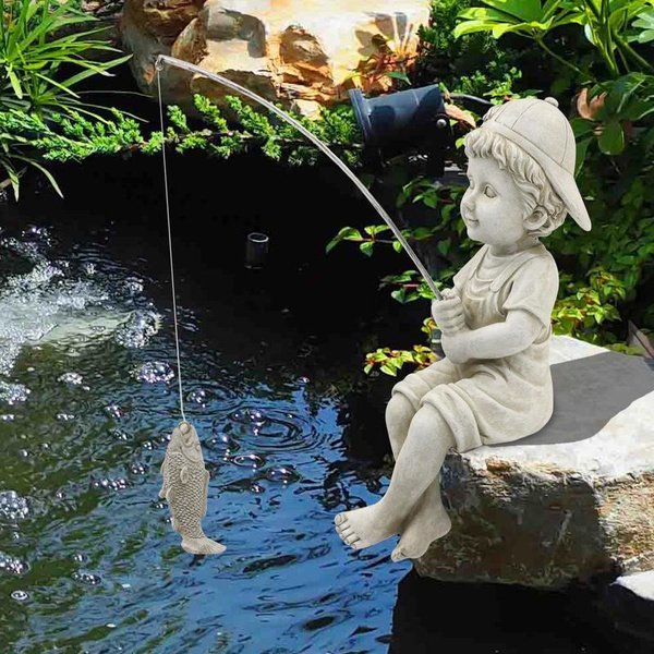 Fisherman Statue Garden Statue Fishing Boy Sculpture Resin Fisherman Figurine Fishing Statue Outdoor Yard Lawn Pool Pond Decorative Ornament 