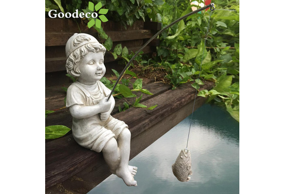 Nacome Little Fishing Boy Garden Statue Outdoor Decal Fisher Girl Figurine  Decor Fisherman Sculpture Home Yard Pool Ornament