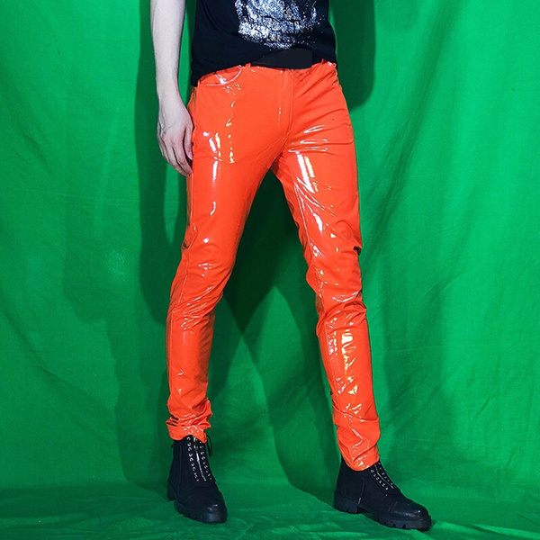 Mens Shiny Metallic Faux Leather Pants Skinny Stretch Trousers Party ...
