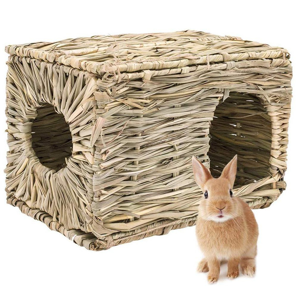 Natural Hand Woven Seagrass Hay Hut Foldable Woven Hut Grass House for Rabbit Chinchilla Guinea Pigs Hideaway Hut Toy for Bunny Small Animals 