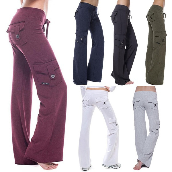 Women's Stretch Button Yoga Pants Wide Leg Sweatpants Bootleg