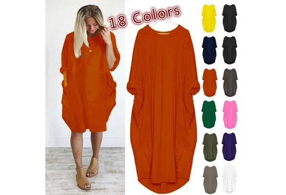 18 Colors Women Fashion Casual Loose Shirts Midi Dresses with