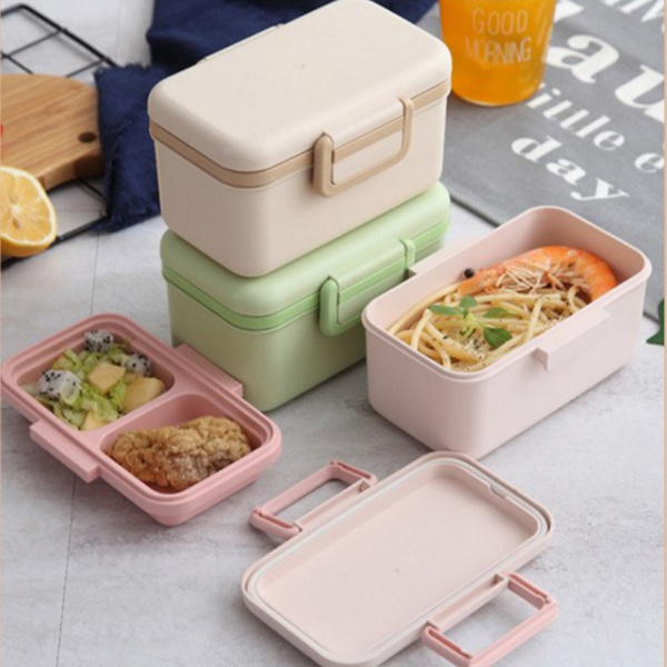 Portable square plastic bento box lunch box Creative bamboo fiber double  two-compartment lunch box lunch box