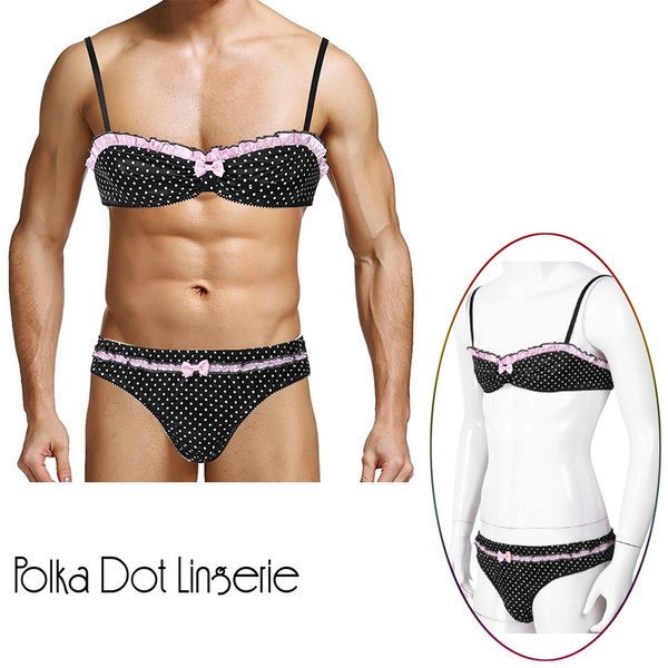 Men Sissy Polka Dot Ruffles Underwire Demi Bra with Underwear Panties 2pcs  Lingerie