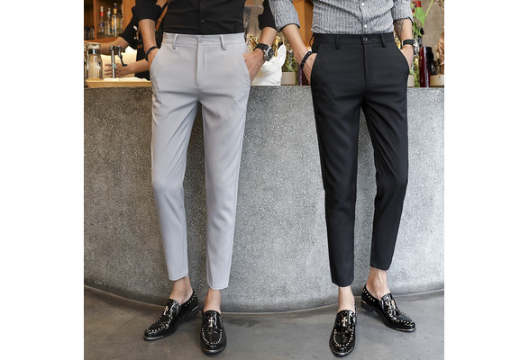 Size 27-36 Men Ankle Length Pants Spring Summer Autumn Fashion Casual Slim  Fit Stretch Long Business Suit Dress Pants Chinos Slacks Black Gray Blue