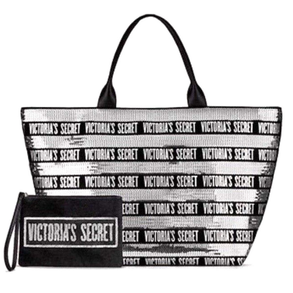 Victoria's Secret Black Friday Tote Large Black and Silver Sequins