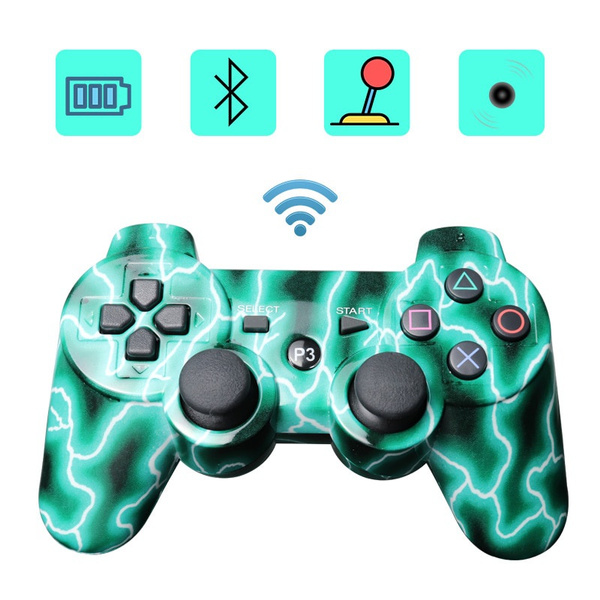 white ps3 controller with blue buttons