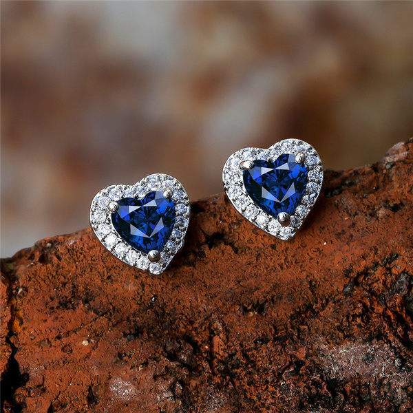 Sparkling Blue Sapphire Heart Cut Silver Plated Stud Earrings Bridal ...