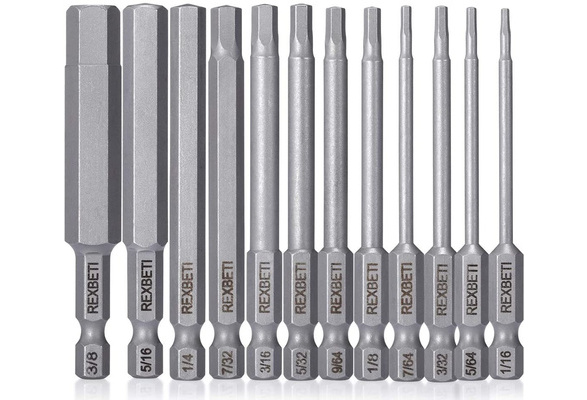 REXBETI Hex Head Allen Wrench Screwdriver Bit Set, SAE 1/4 Inch Hex Shank  S2 Steel Magnetic 3 Inch Long Drill Bits, 1/16-3/8 Inch, 12 Piece