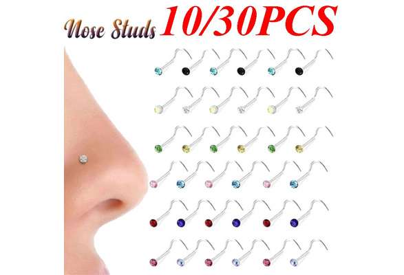 9Pc Stainless Steel Small Gem Crystal Screw Nose Studs Ring Piercing Jewelry 