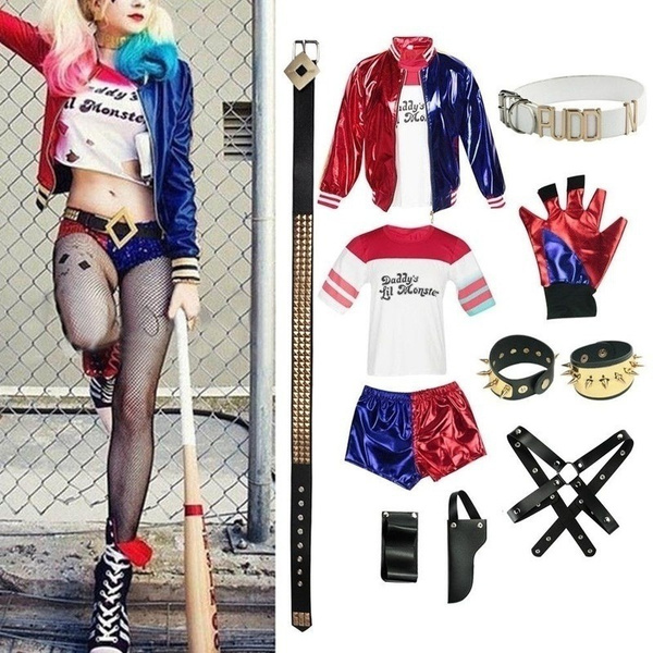 Children's Day Kids Girls Suicide Harley Cosplay Costumes Squad Quinn  Monster Jacket fishnet stockings tattoo stickers Pants Set - AliExpress