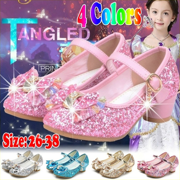 Princess Kids Leather Shoes For Girls Flower Casual Glitter Children High Heel Rhinestone Sequins Girl Sandals Butterfly Knot Blue Pink Silver Dance Heels Wish