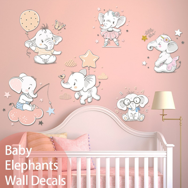 Diy Modern Concept Cute Colorful Baby Elephants Wall Decals Kids Bedroom Stickers Nursery Decor Gifts Room For Girls Boy Wish - Elephant Wall Decals For Nursery